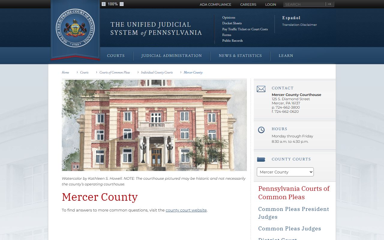Mercer County Court of Common Pleas UJS contact page