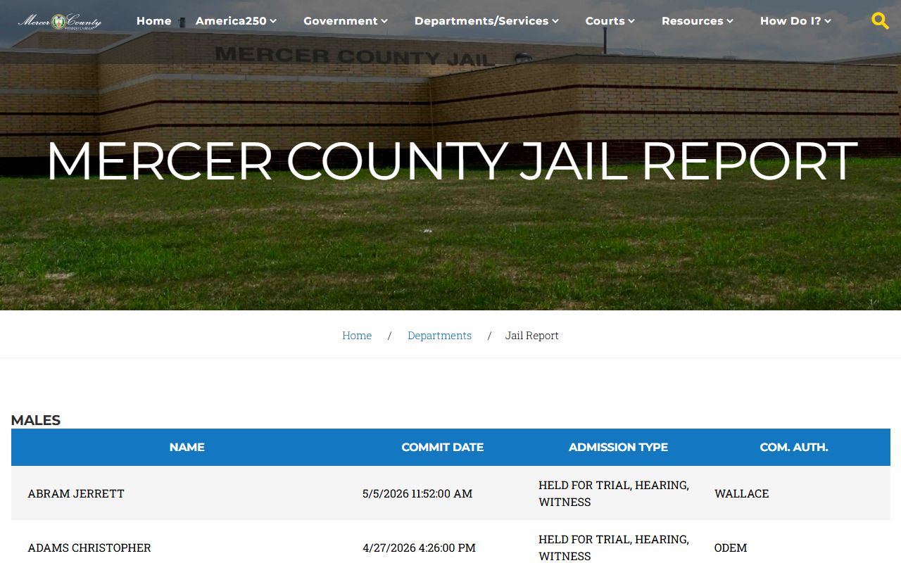 Mercer County inmate search sample jail population report fields