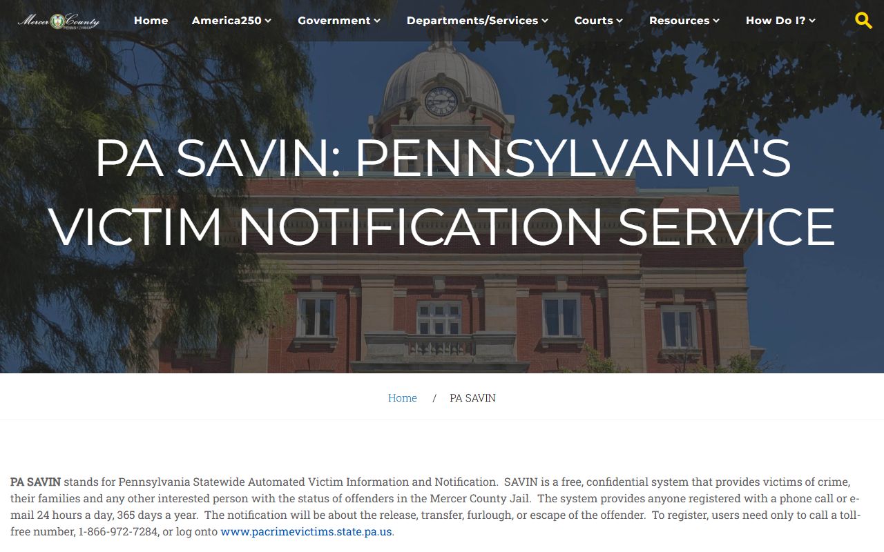 Mercer County inmate search PA SAVIN victim notification page