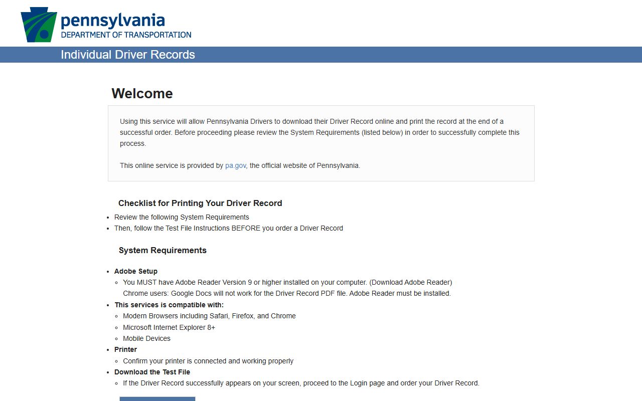 Mercer County traffic court records PennDOT Individual Driver Records portal